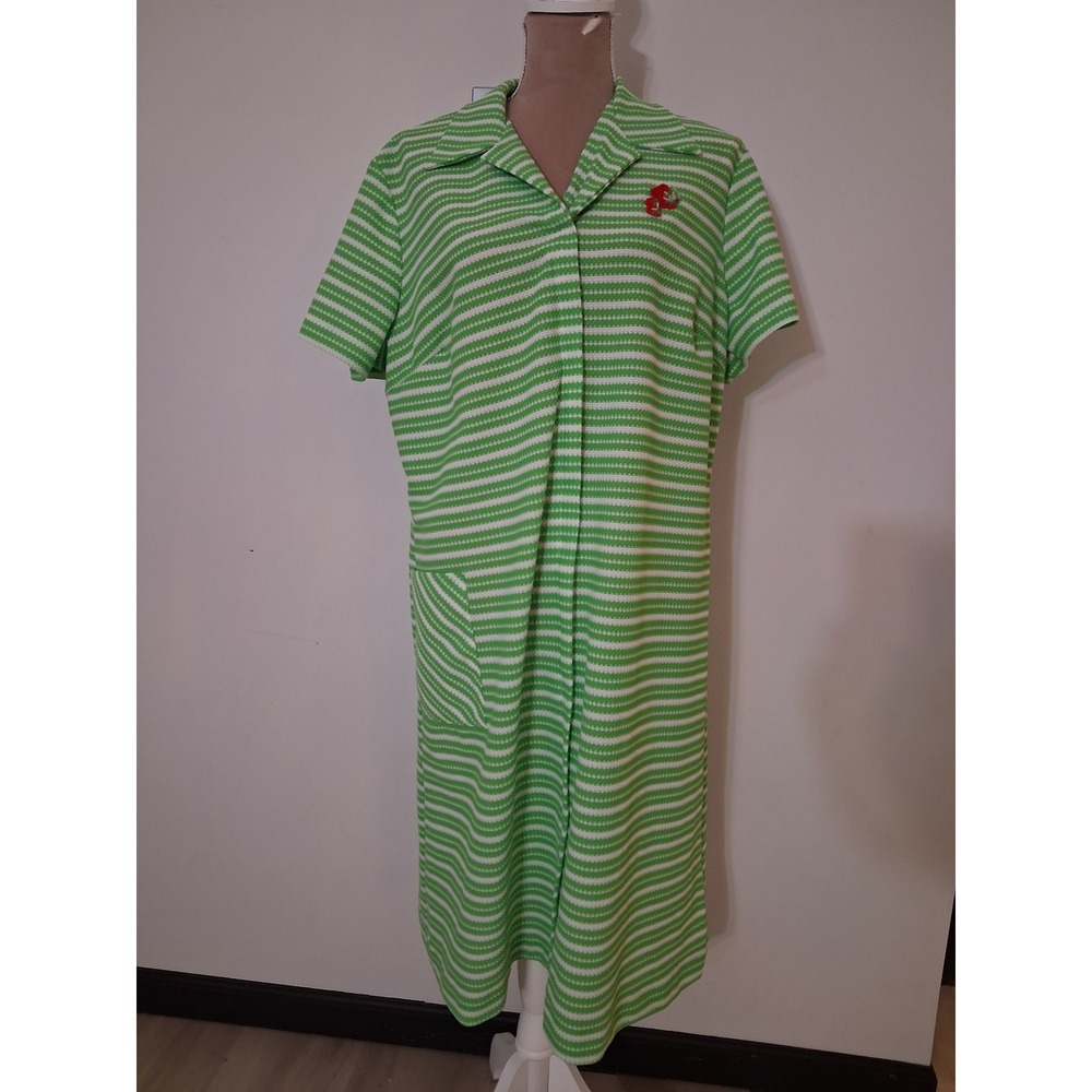 Vtg 60s 70s Flutterbye Green White Striped House Dress Zip Front Strawberry XL